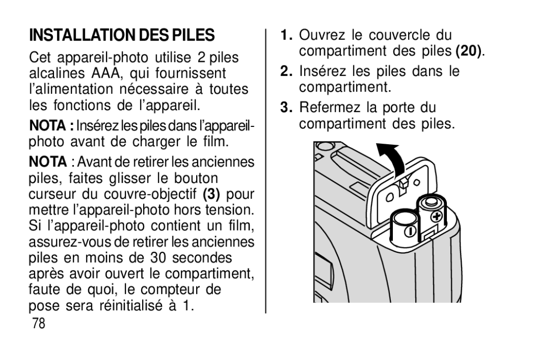 Kodak T60, T50 user manual Installation DES Piles 