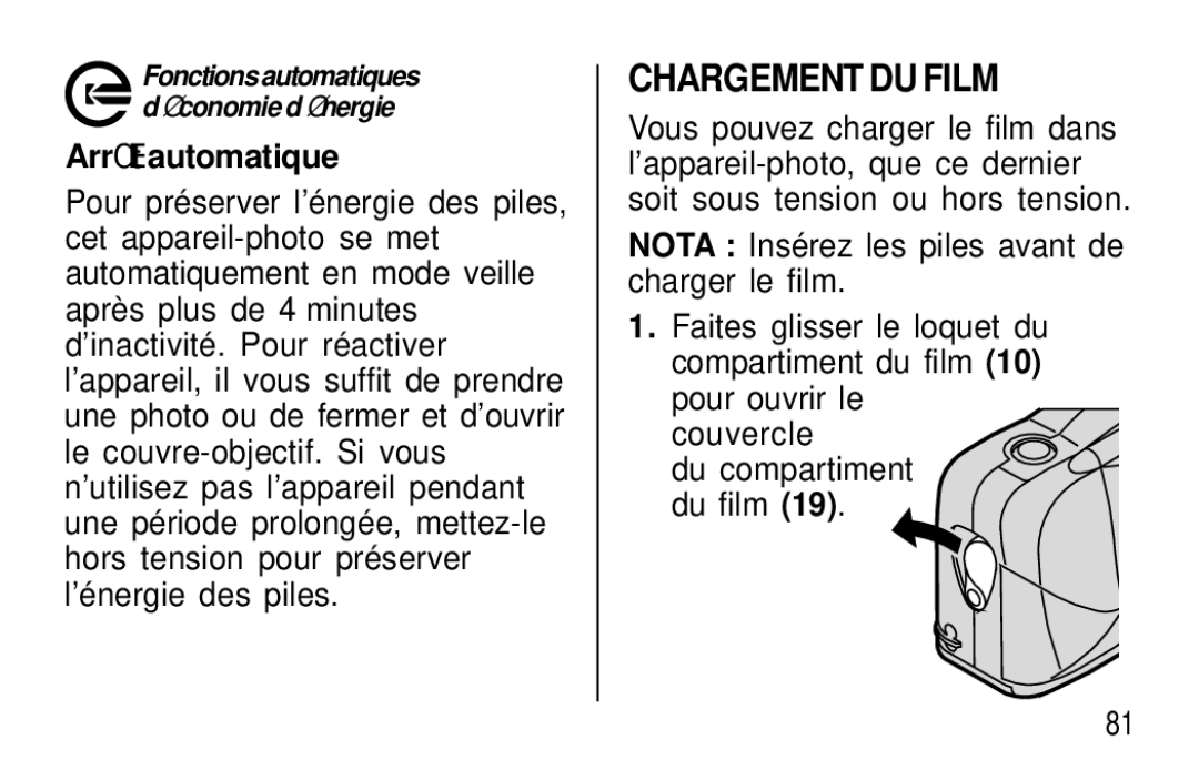 Kodak T50, T60 user manual Chargement DU Film, Arrê t automatique 