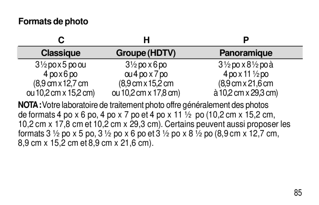 Kodak T50, T60 user manual Formats de photo, Classique Groupe Hdtv Panoramique 