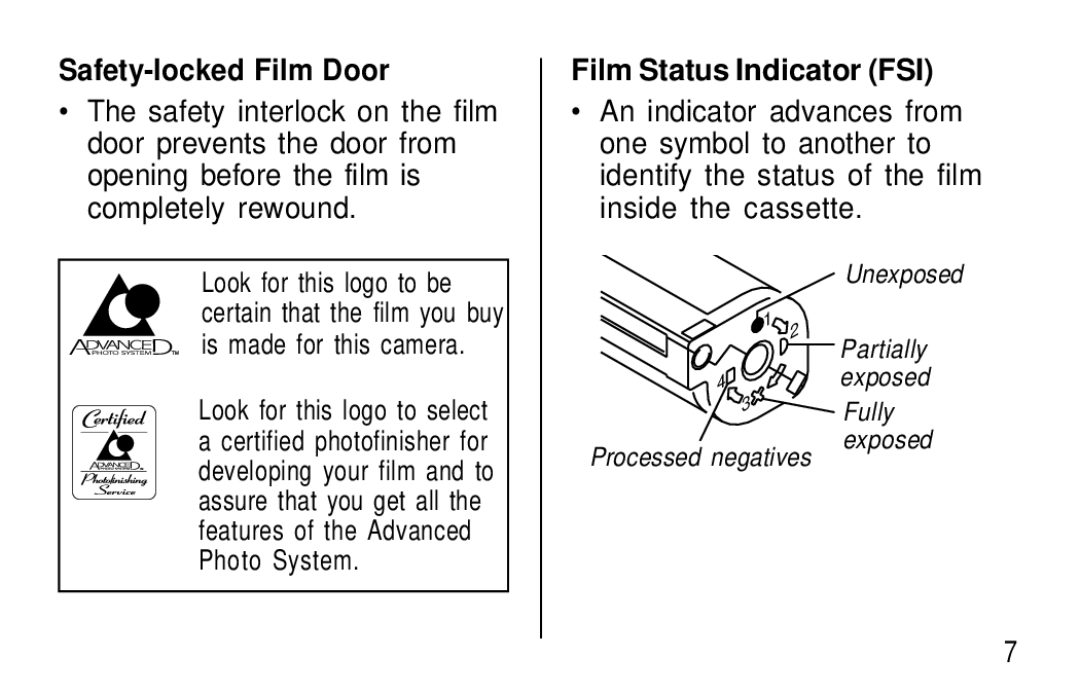 Kodak T50, T60 user manual Safety-locked Film Door, Look for this logo to select, Film Status Indicator FSI 