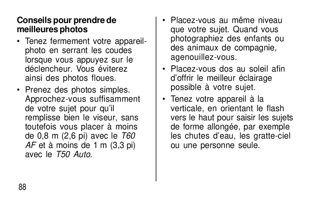 Kodak T60, T50 user manual Conseils pour prendre de meilleures photos 