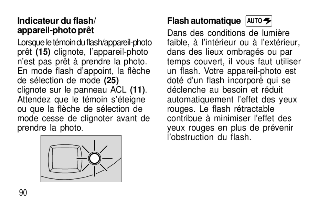 Kodak T60, T50 user manual Flash automatique Auto, Indicateur du flash/ appareil-photo prêt 