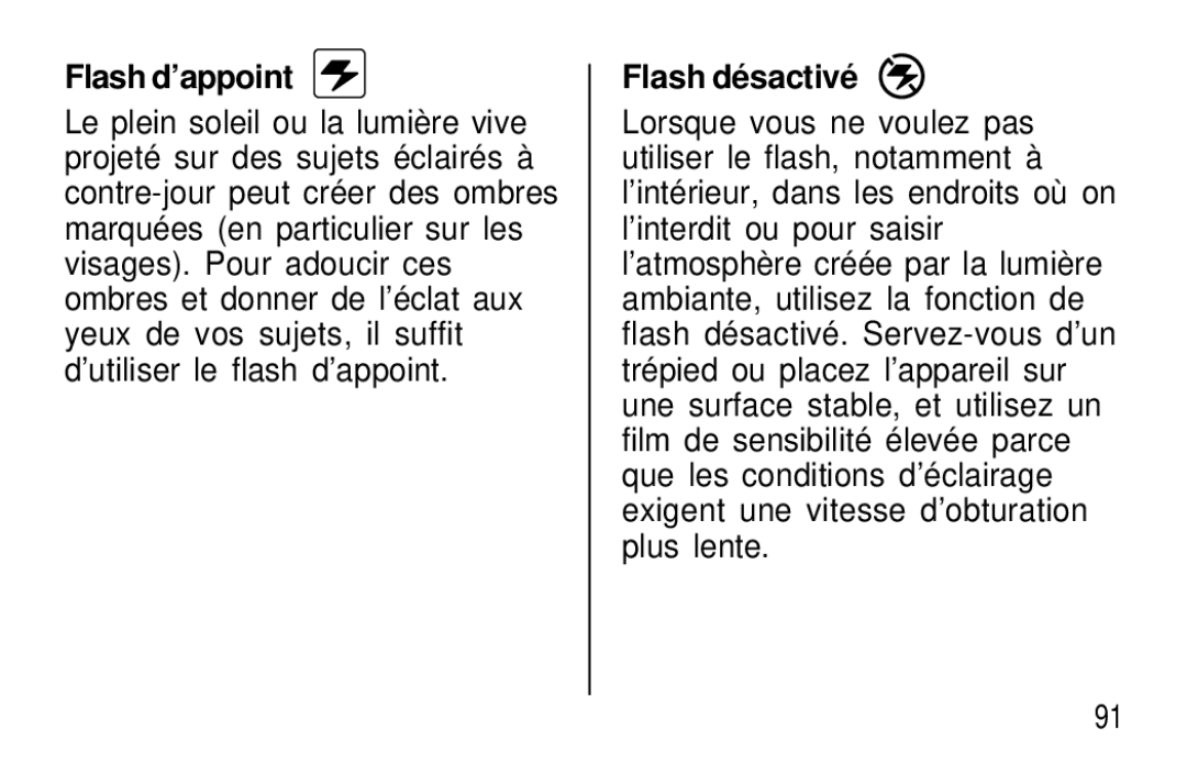 Kodak T50, T60 user manual Flash d’appoint, Flash dé sactivé 