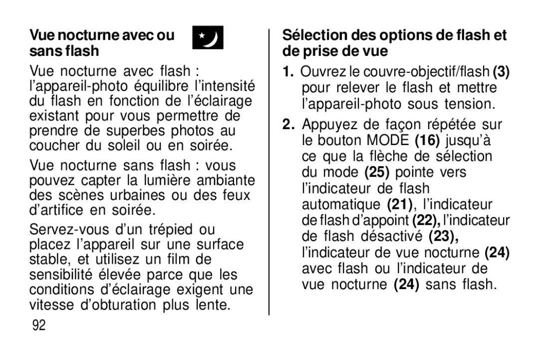 Kodak T60, T50 user manual Vue nocturne avec ou sans flash, Sé lection des options de flash et de prise de vue 