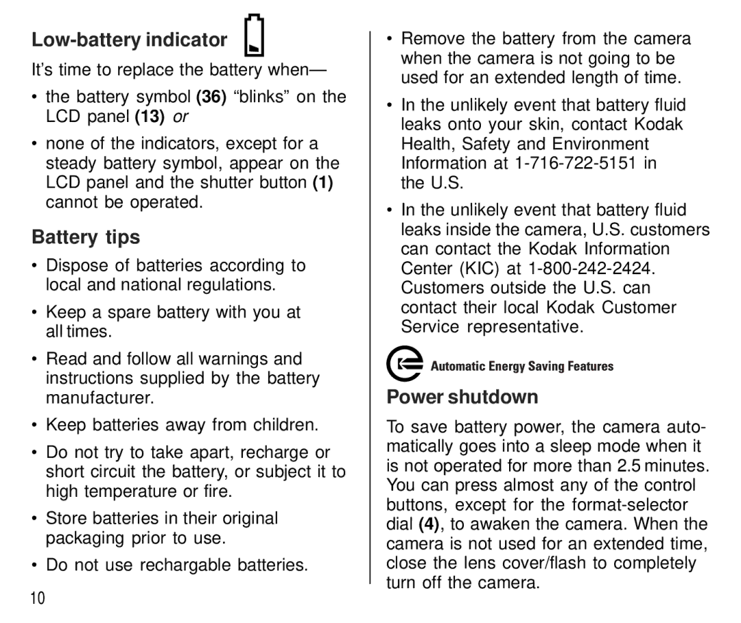 Kodak T700 manual Low-battery indicator, Battery tips, Power shutdown 