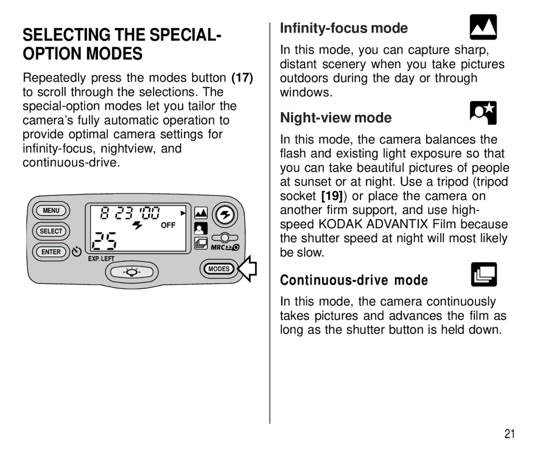 Kodak T700 manual Infinity-focus mode, Night-view mode 