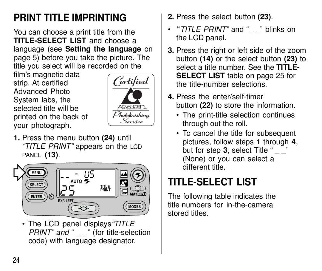 Kodak T700 manual Print Title Imprinting, TITLE-SELECT List 