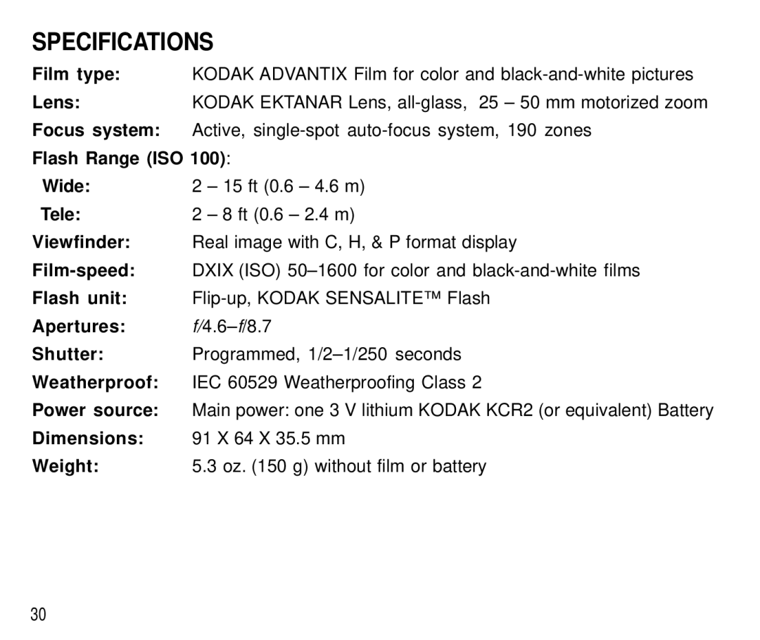 Kodak T700 manual Specifications 