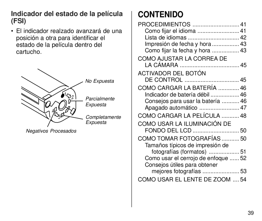 Kodak T700 manual Contenido, Indicador del estado de la película FSI 