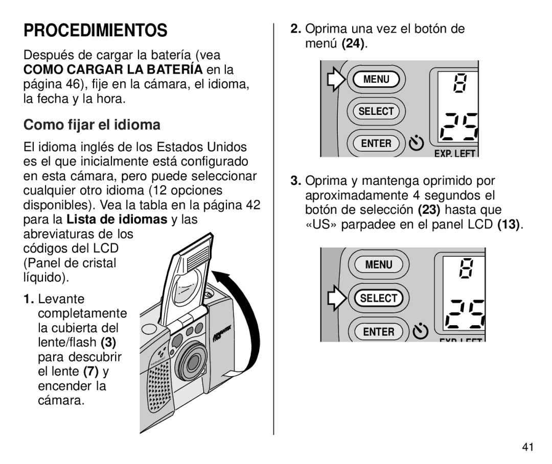 Kodak T700 manual Procedimientos, Como fijar el idioma 