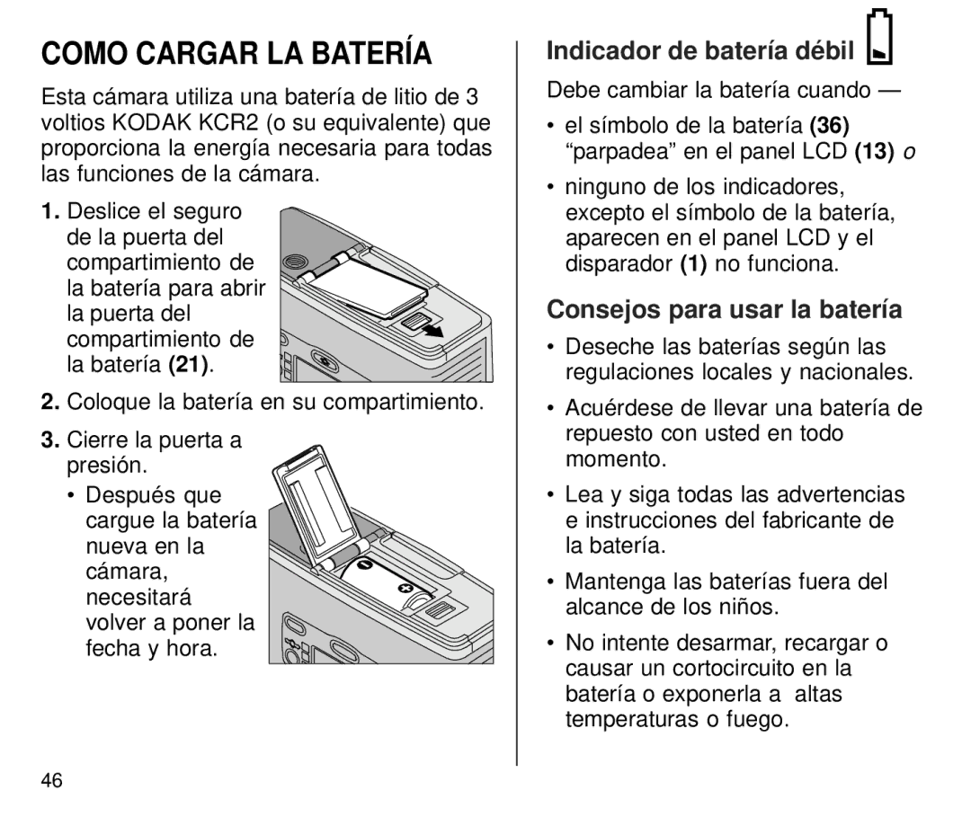 Kodak T700 manual Como Cargar LA Batería, Indicador de batería débil, Consejos para usar la batería 