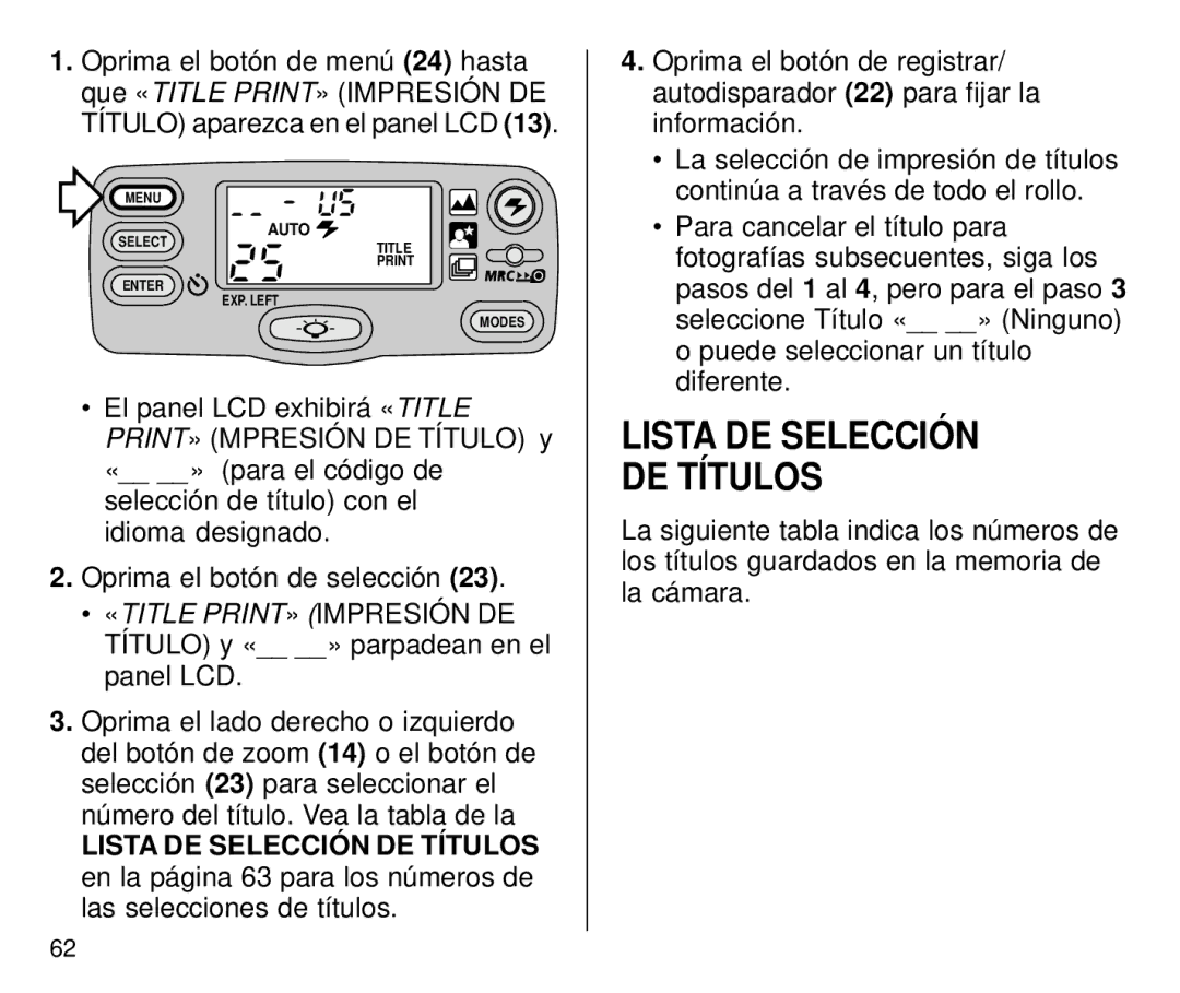 Kodak T700 manual Lista DE Selección DE Títulos 