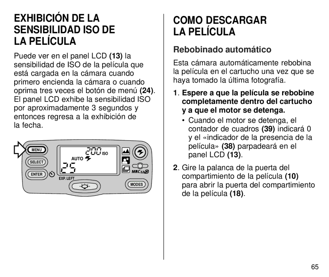 Kodak T700 manual Exhibición DE LA Sensibilidad ISO DE LA Película, Como Descargar LA Película, Rebobinado automático 