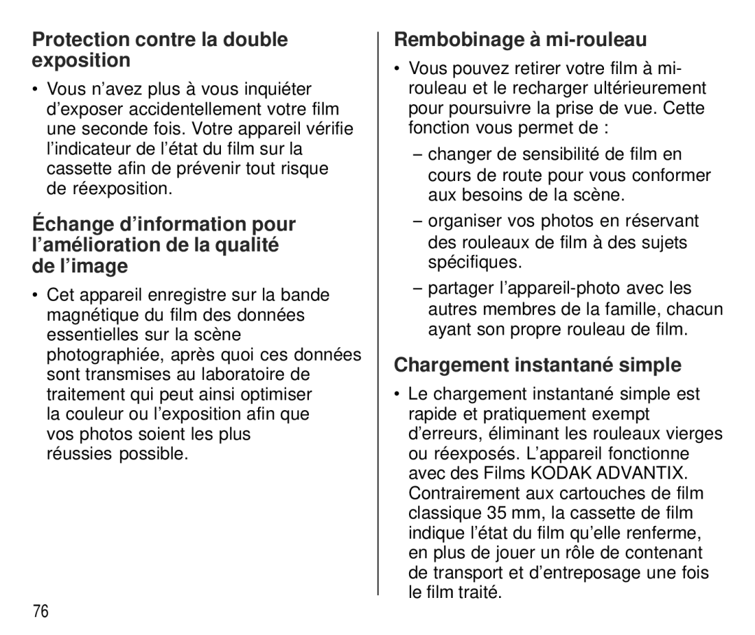 Kodak T700 manual Protection contre la double exposition, Rembobinage à mi-rouleau, Chargement instantané simple 