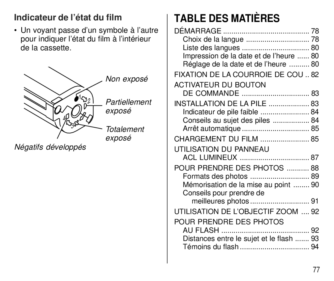 Kodak T700 manual Table DES Matières, Indicateur de l’état du film 