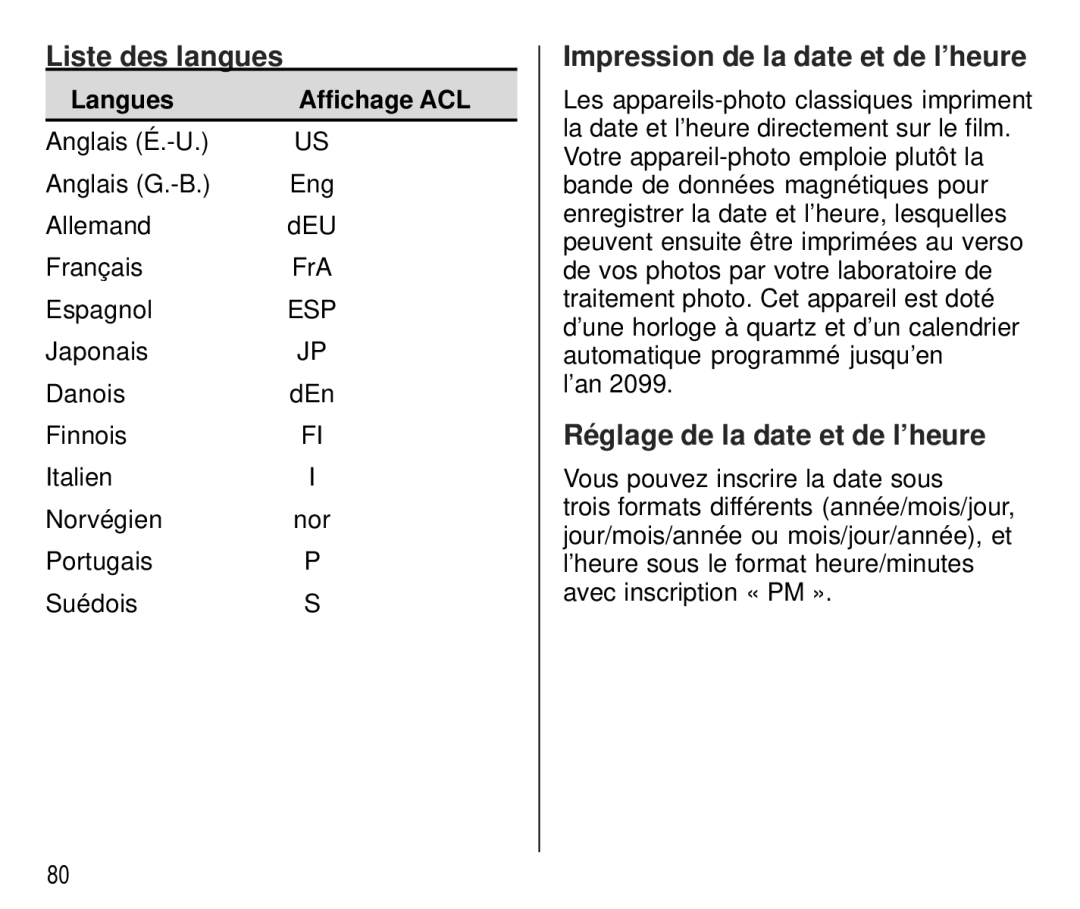 Kodak T700 Liste des langues, Impression de la date et de l’heure, Réglage de la date et de l’heure, Langues Affichage ACL 