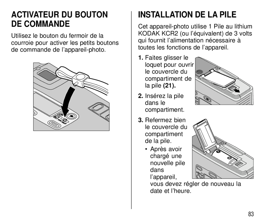 Kodak T700 manual Installation DE LA Pile, Activateur DU Bouton DE Commande 