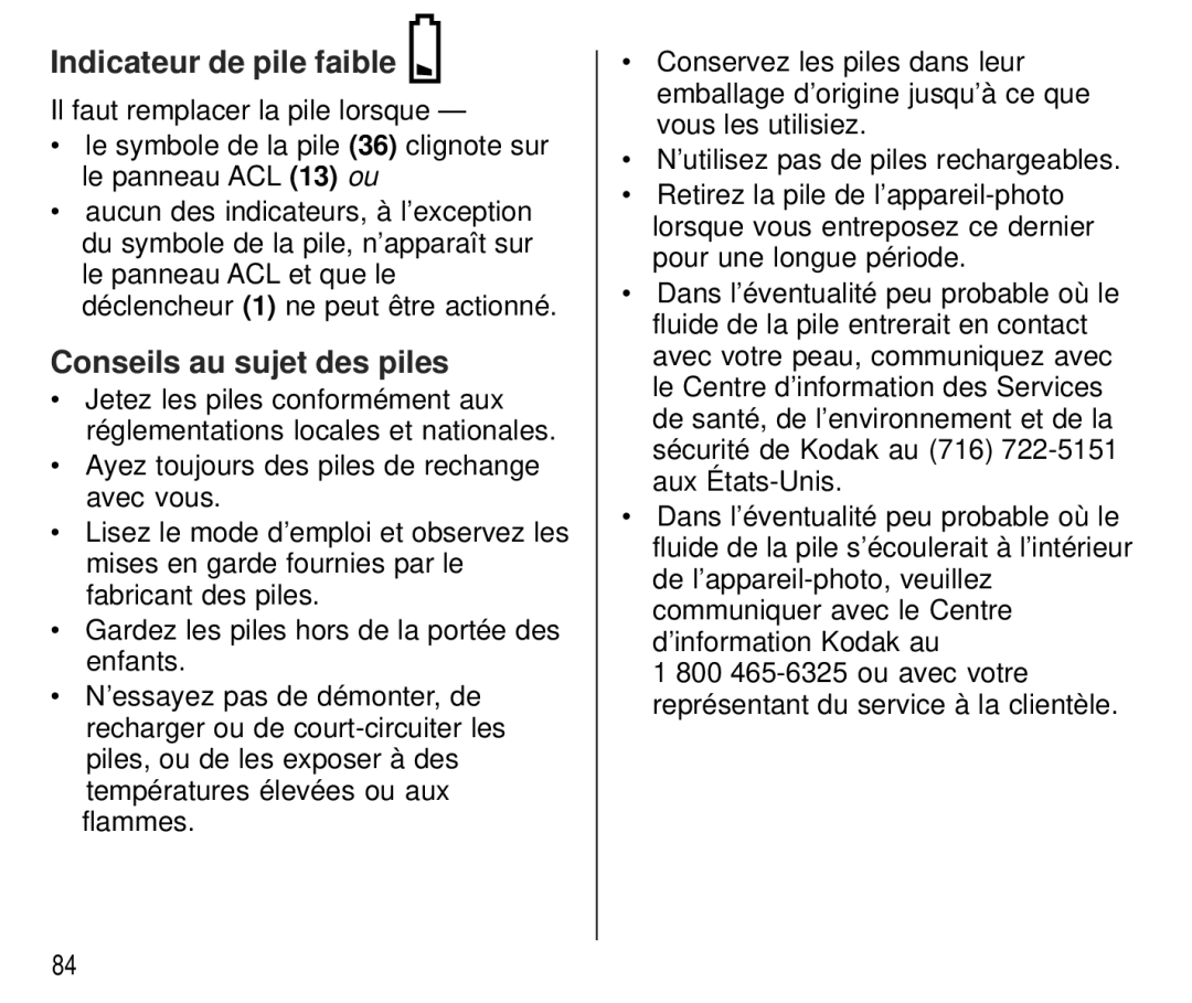 Kodak T700 manual Indicateur de pile faible, Conseils au sujet des piles 