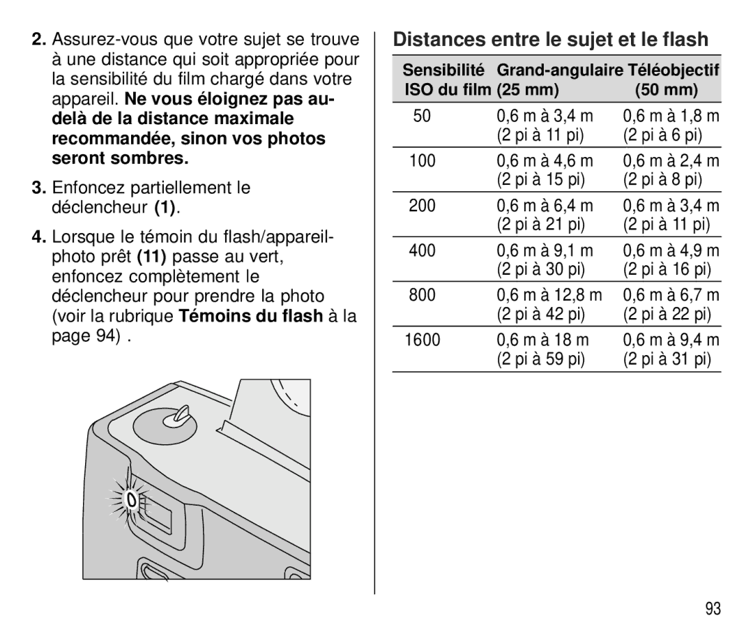 Kodak T700 manual Distances entre le sujet et le flash 