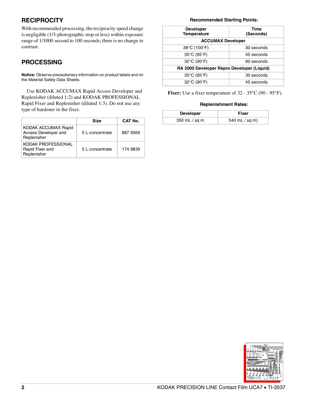 Kodak TI-2037 manual Reciprocity, Processing, Recommended Starting Points, Replenishment Rates 