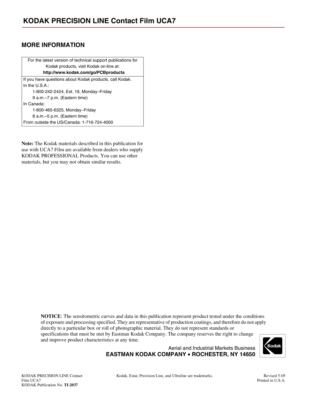 Kodak TI-2037 manual Kodak Precision Line Contact Film UCA7, More Information 