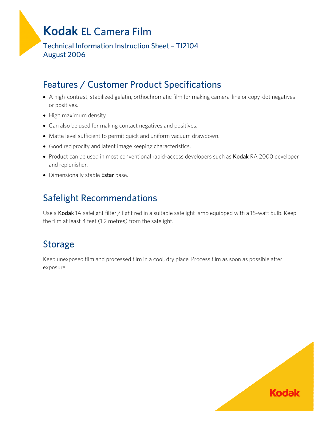 Kodak TI2104 instruction sheet Features / Customer Product Specifications, Safelight Recommendations, Storage 