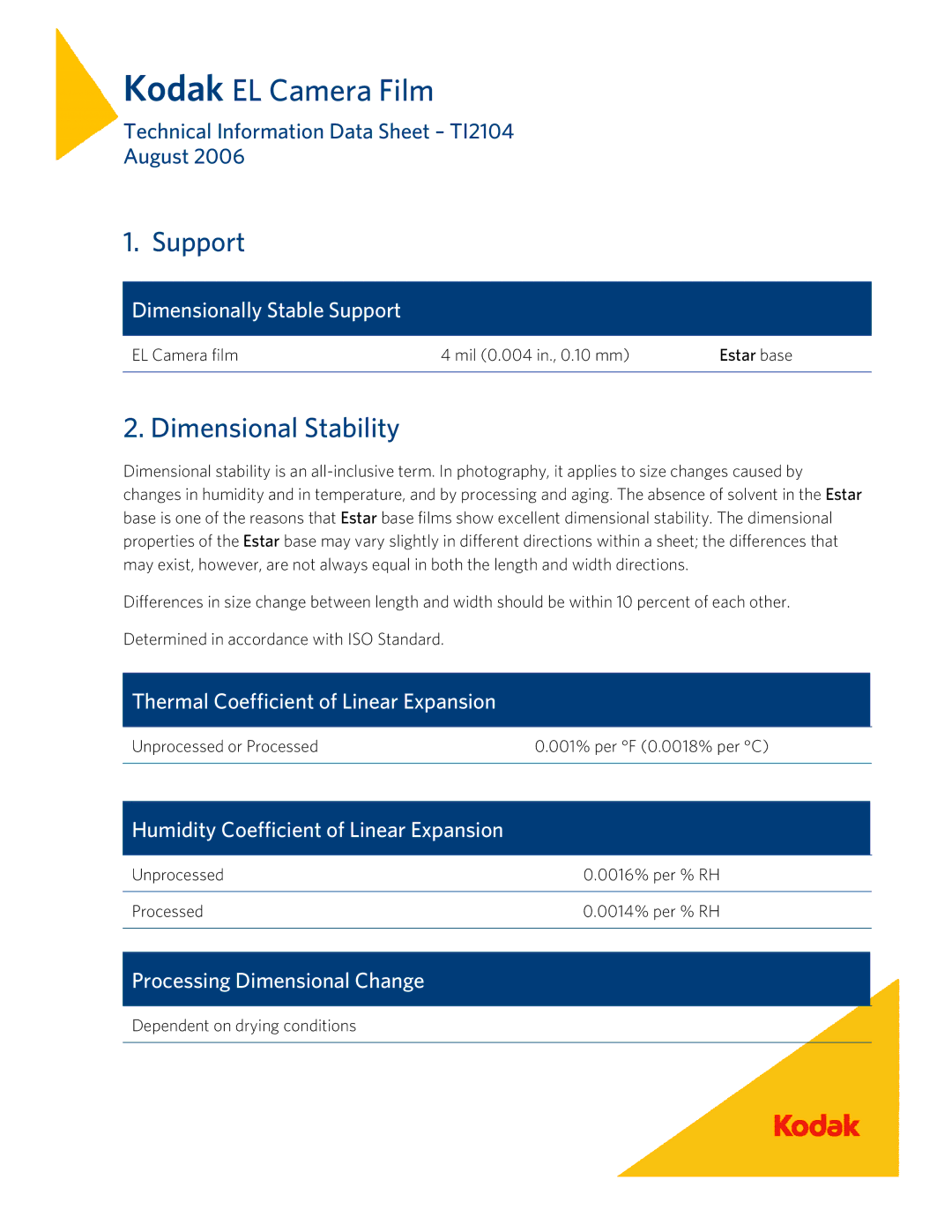 Kodak instruction sheet Support, Dimensional Stability, Technical Information Data Sheet TI2104 August 