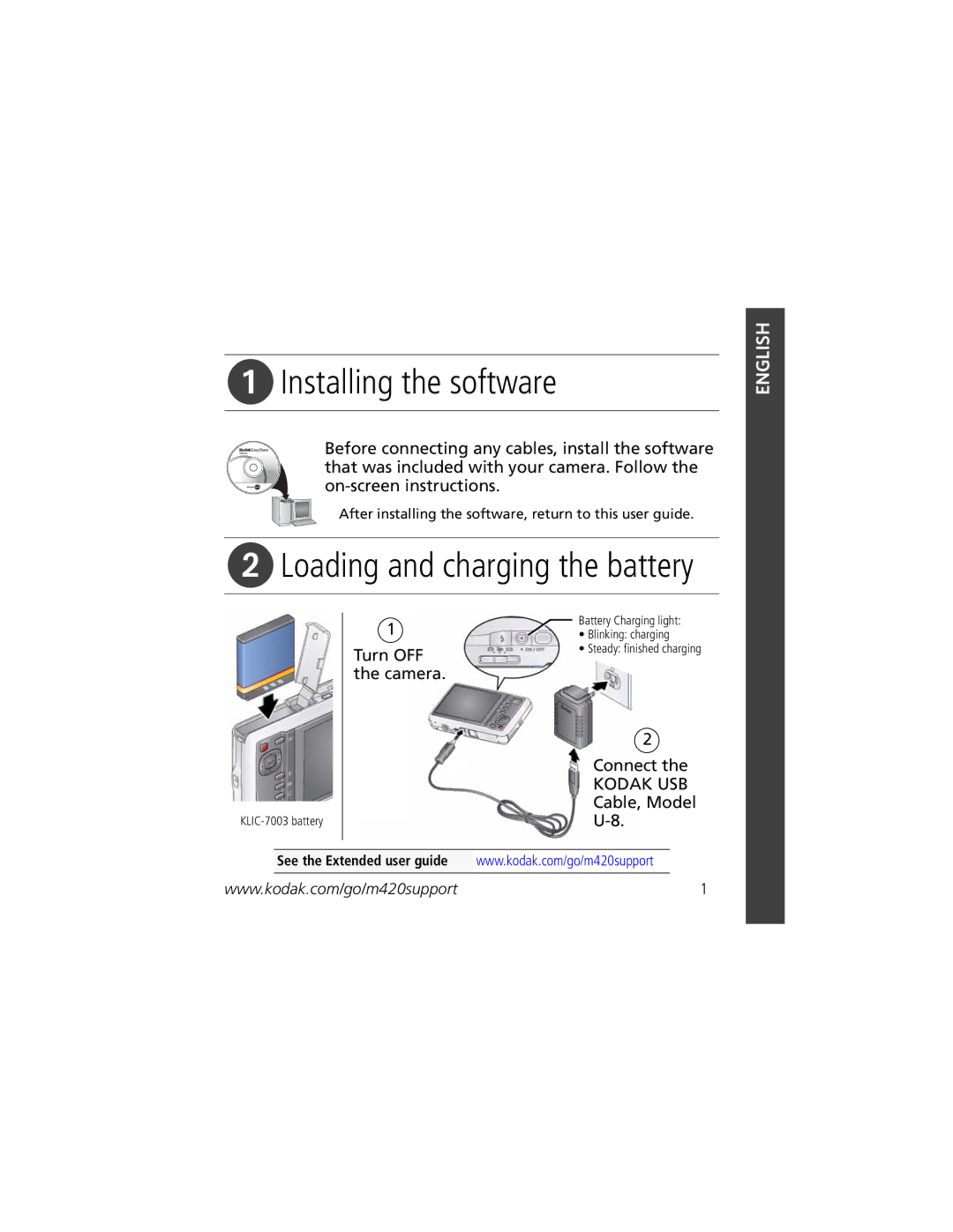 Kodak U-8 manual Installing the software, Loading and charging the battery 