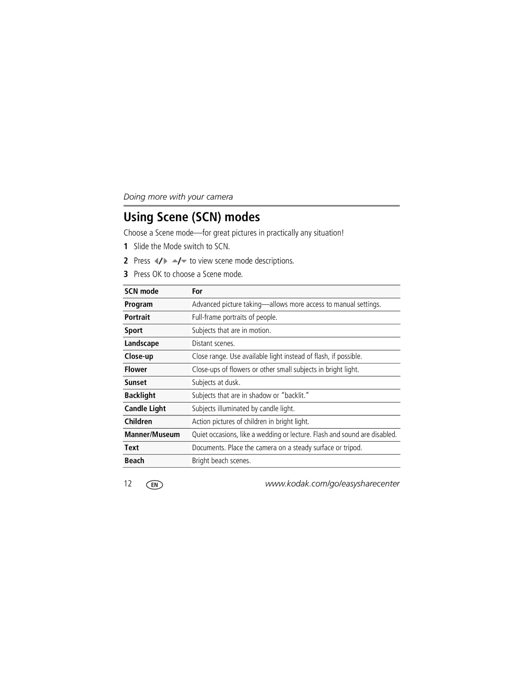 Kodak U-8 manual Using Scene SCN modes 