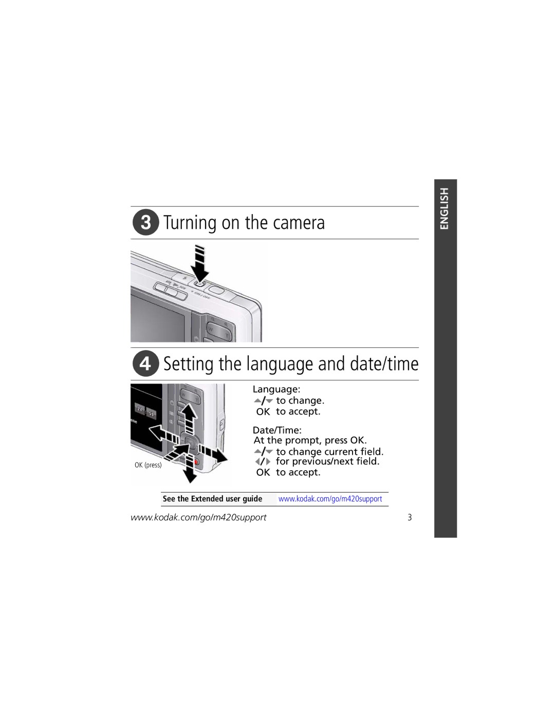 Kodak U-8 manual Turning on the camera, Setting the language and date/time 