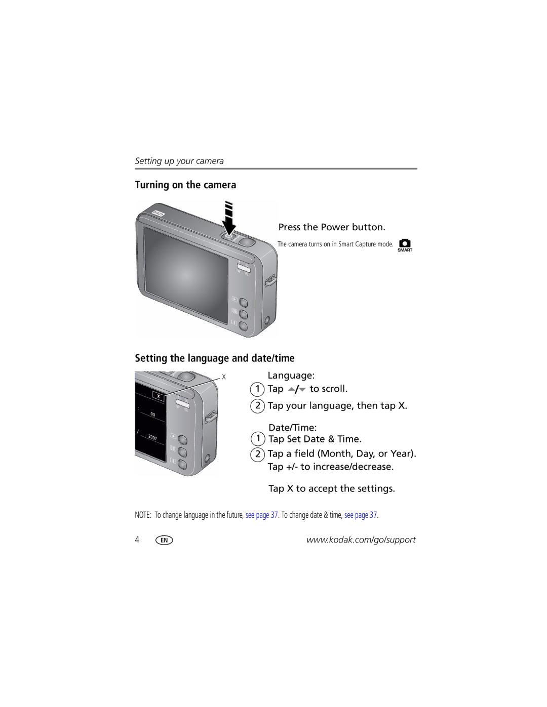 Kodak V1073 manual Turning on the camera, Setting the language and date/time, Press the Power button 