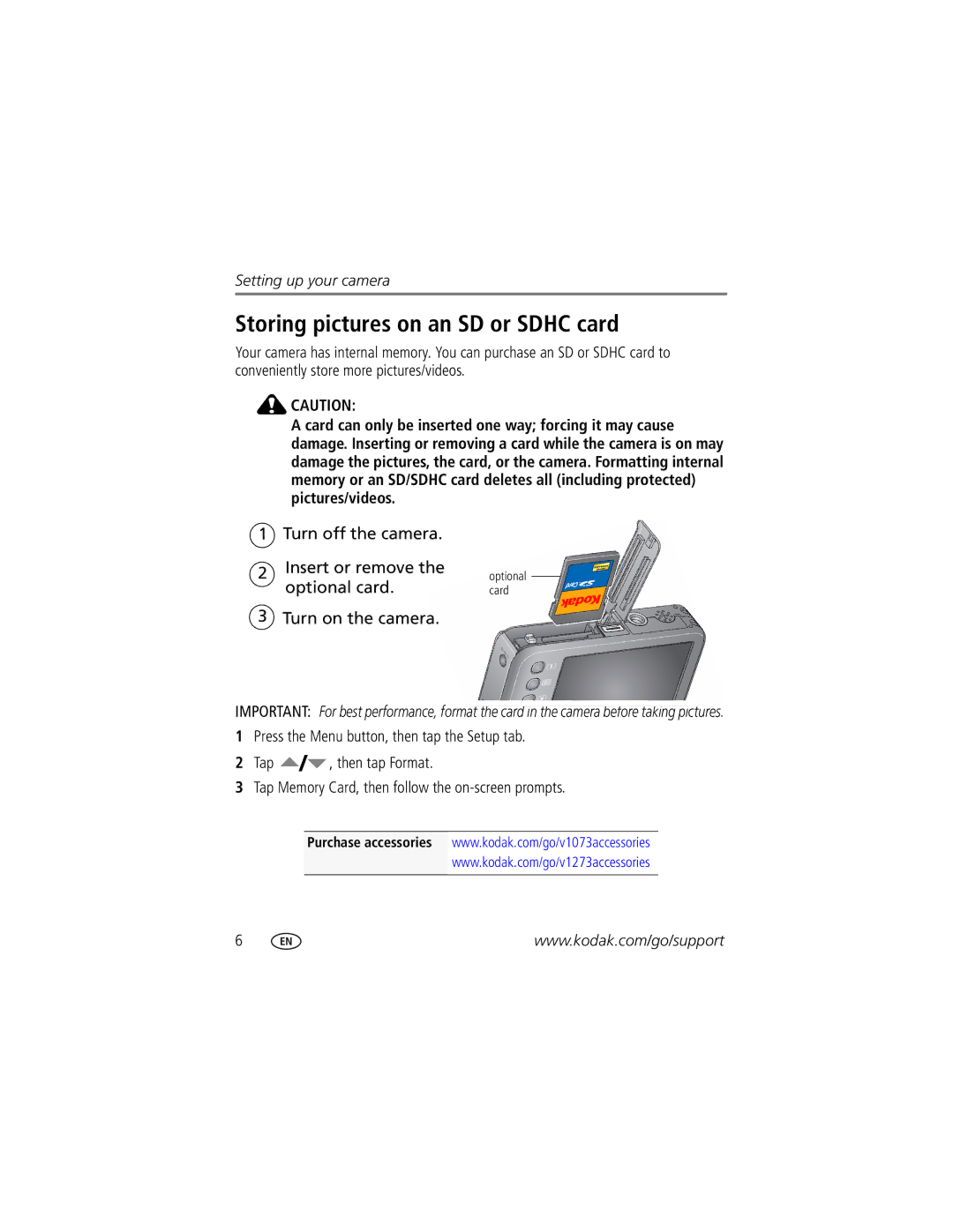 Kodak V1073 manual Storing pictures on an SD or Sdhc card 