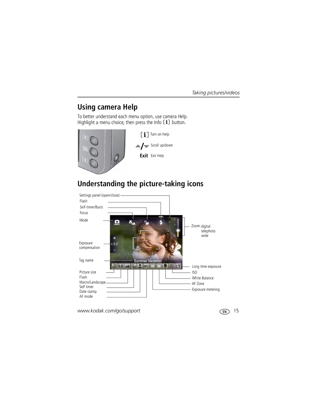 Kodak V1073 manual Using camera Help, Understanding the picture-taking icons 