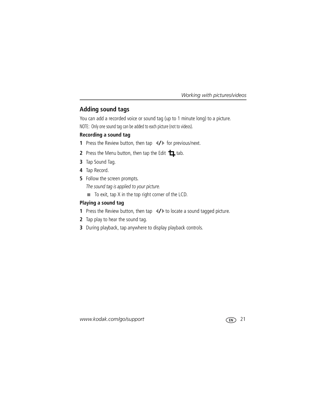 Kodak V1073 manual Adding sound tags, Recording a sound tag, To exit, tap X in the top right corner of the LCD 