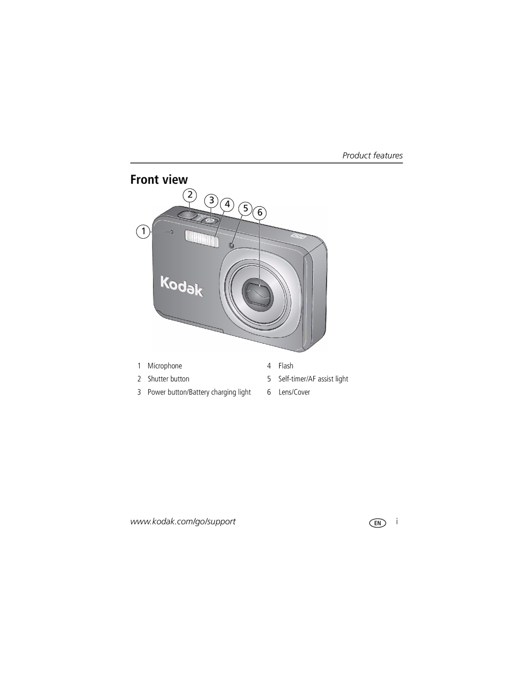 Kodak V1073 manual Front view, Product features 