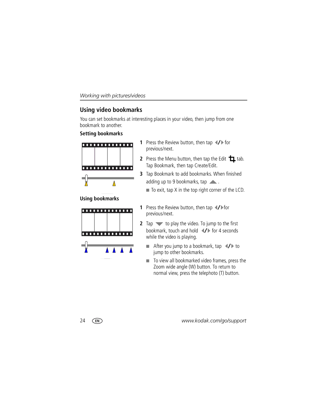 Kodak V1073 manual Using video bookmarks, Setting bookmarks, Adding up to 9 bookmarks, tap, Using bookmarks 