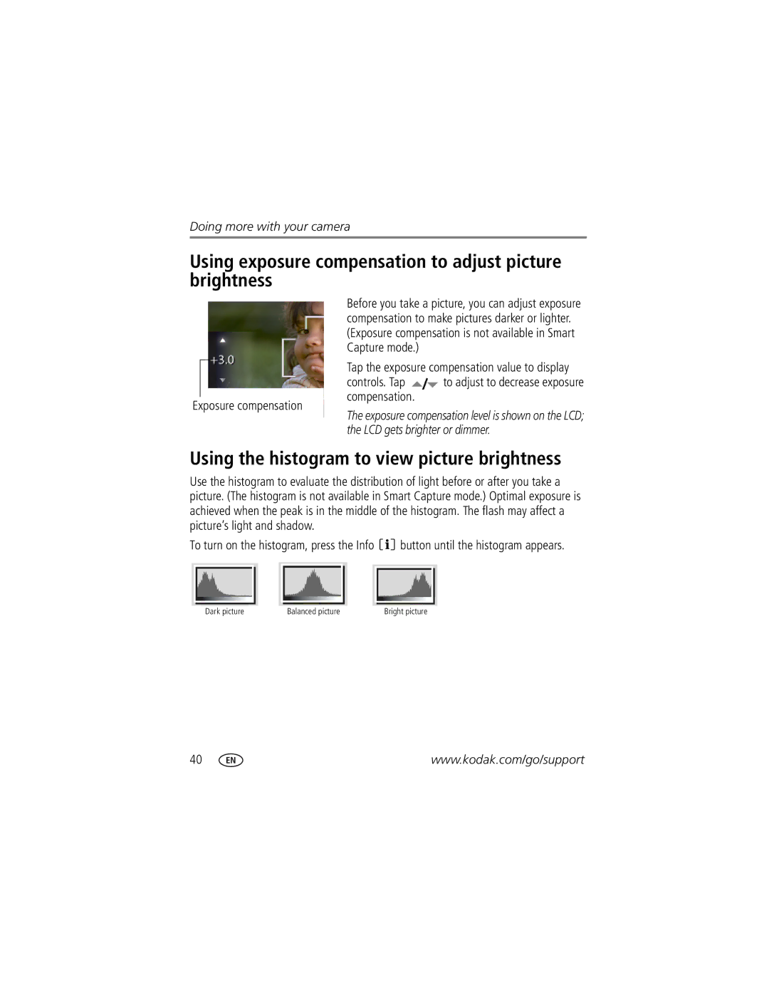 Kodak V1073 manual Using exposure compensation to adjust picture brightness, Using the histogram to view picture brightness 