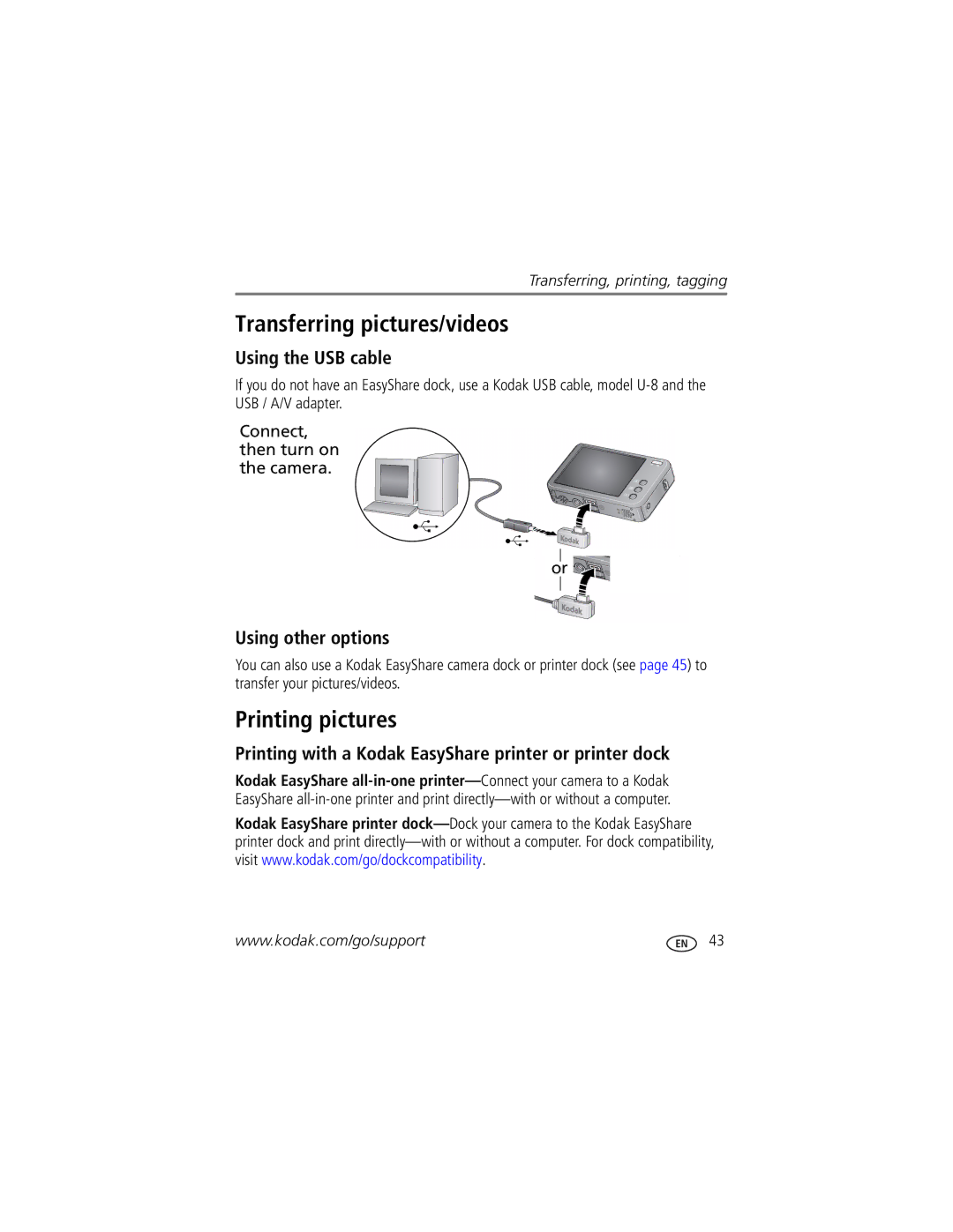 Kodak V1073 manual Transferring pictures/videos, Printing pictures, Using the USB cable, Using other options 