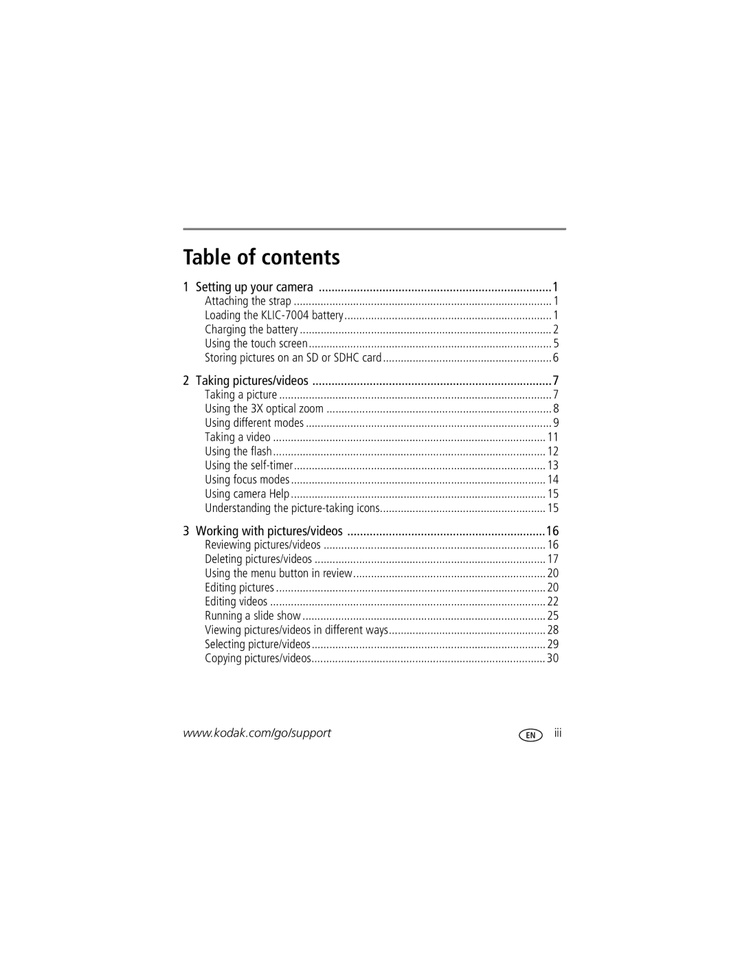 Kodak V1073 manual Table of contents 