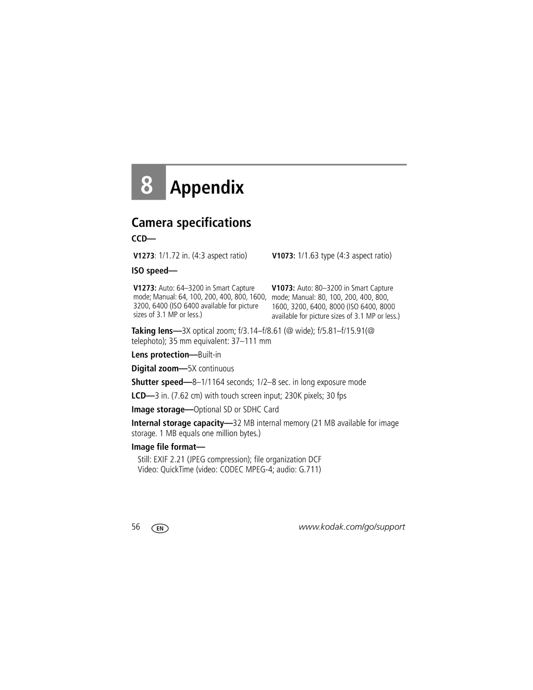 Kodak manual Camera specifications, ISO speed, V1073 1/1.63 type 43 aspect ratio, Image file format 