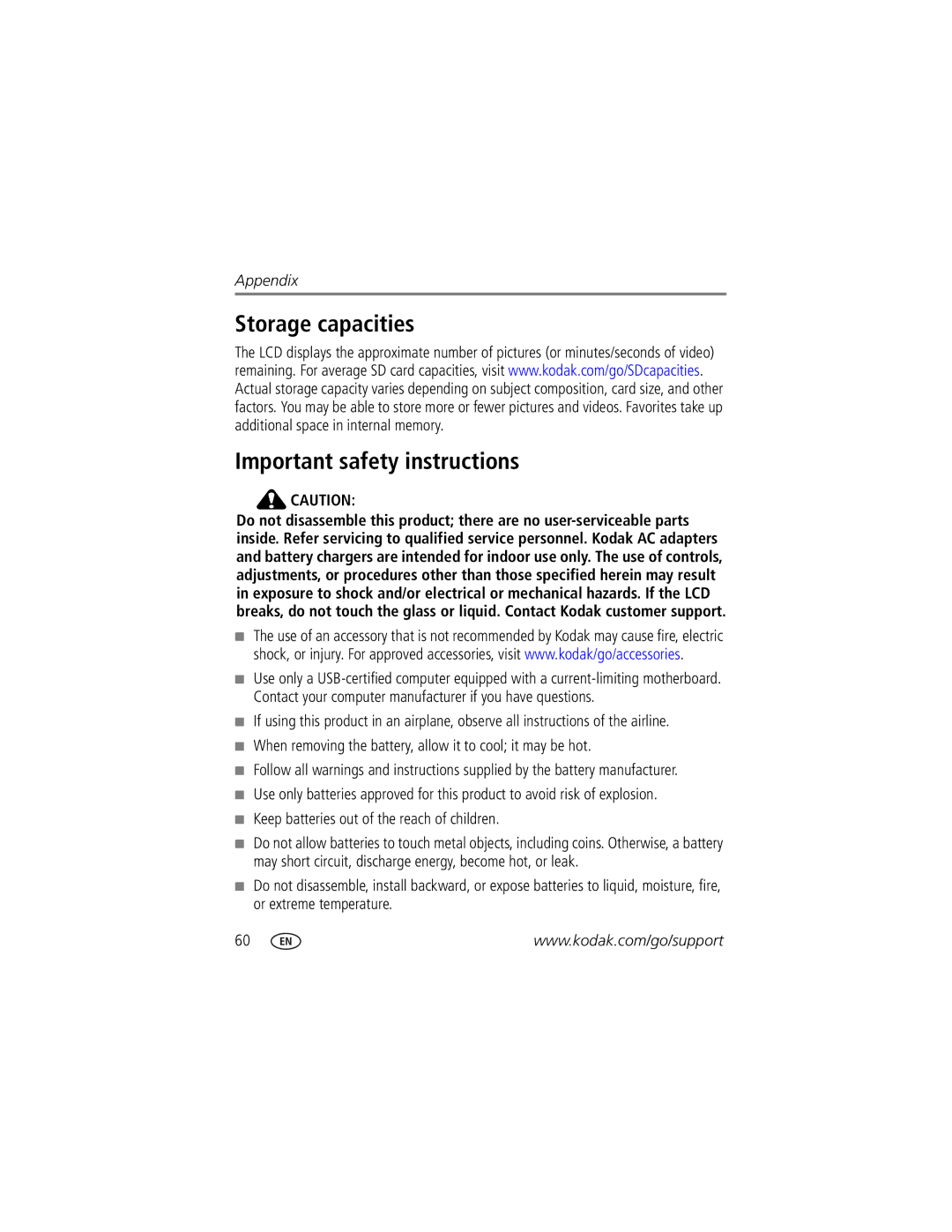 Kodak V1073 Storage capacities Important safety instructions, When removing the battery, allow it to cool it may be hot 