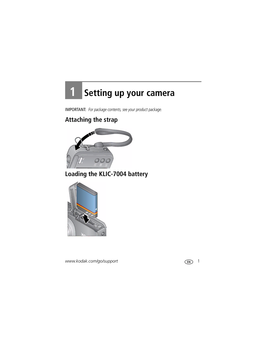 Kodak V1073 manual Setting up your camera, Attaching the strap Loading the KLIC-7004 battery 