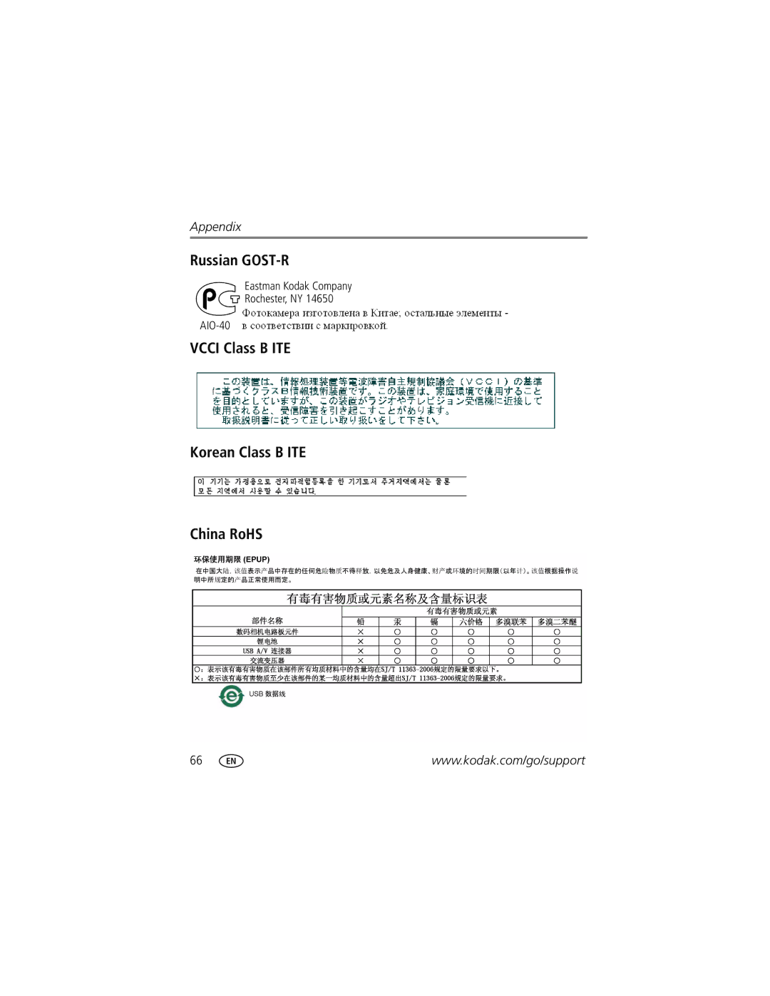 Kodak V1073 manual Russian GOST-R, Vcci Class B ITE Korean Class B ITE China RoHS 