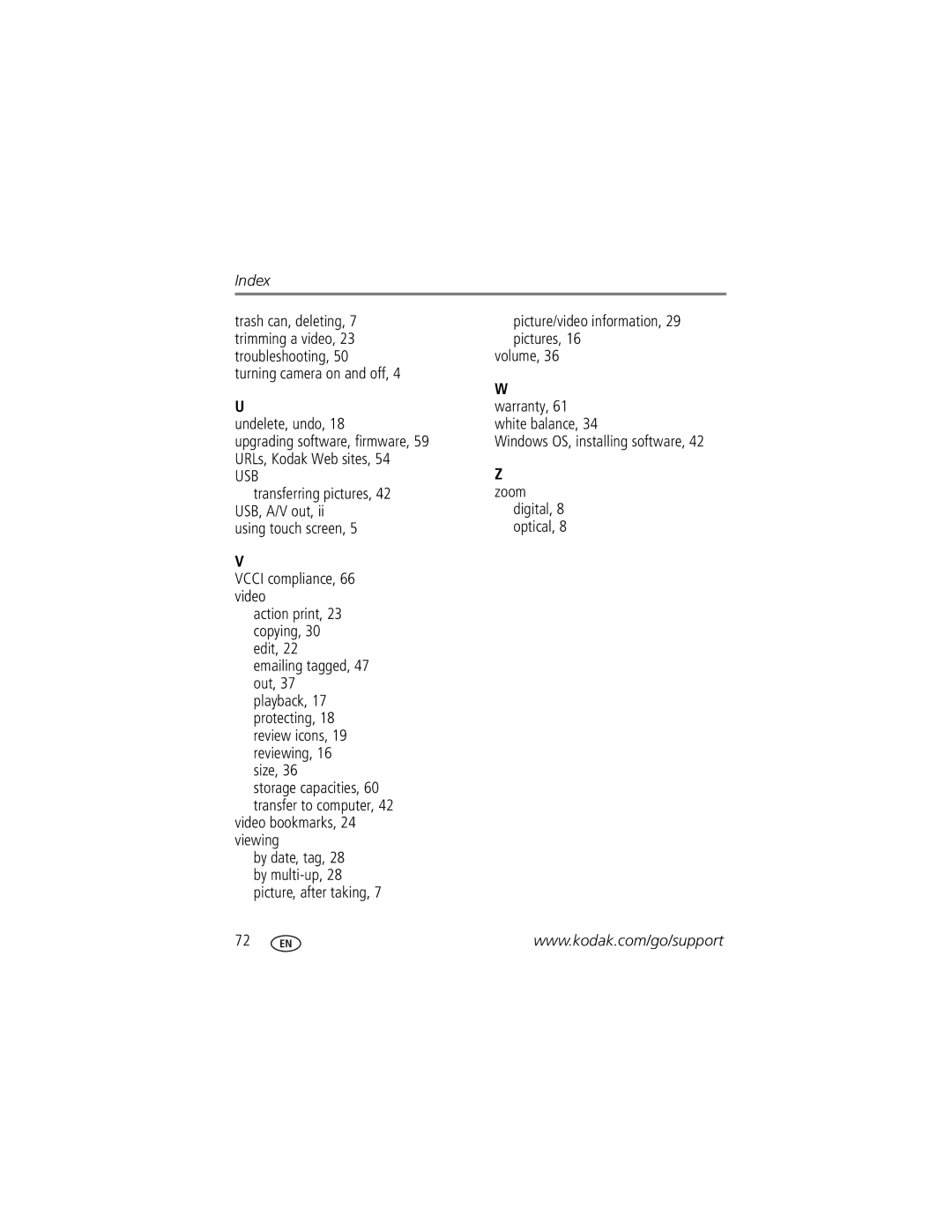 Kodak V1073 manual Undelete, undo, Using touch screen 