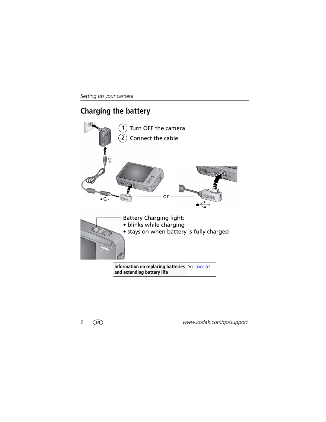 Kodak V1073 manual Charging the battery 