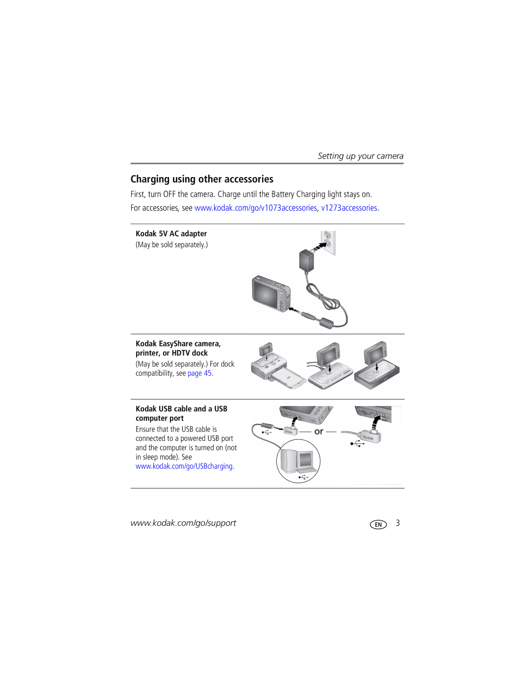 Kodak V1073 manual Charging using other accessories, Kodak 5V AC adapter, Kodak USB cable and a USB computer port 
