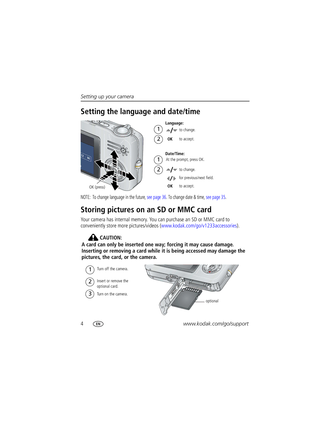 Kodak V1233 manual Setting the language and date/time, Storing pictures on an SD or MMC card 