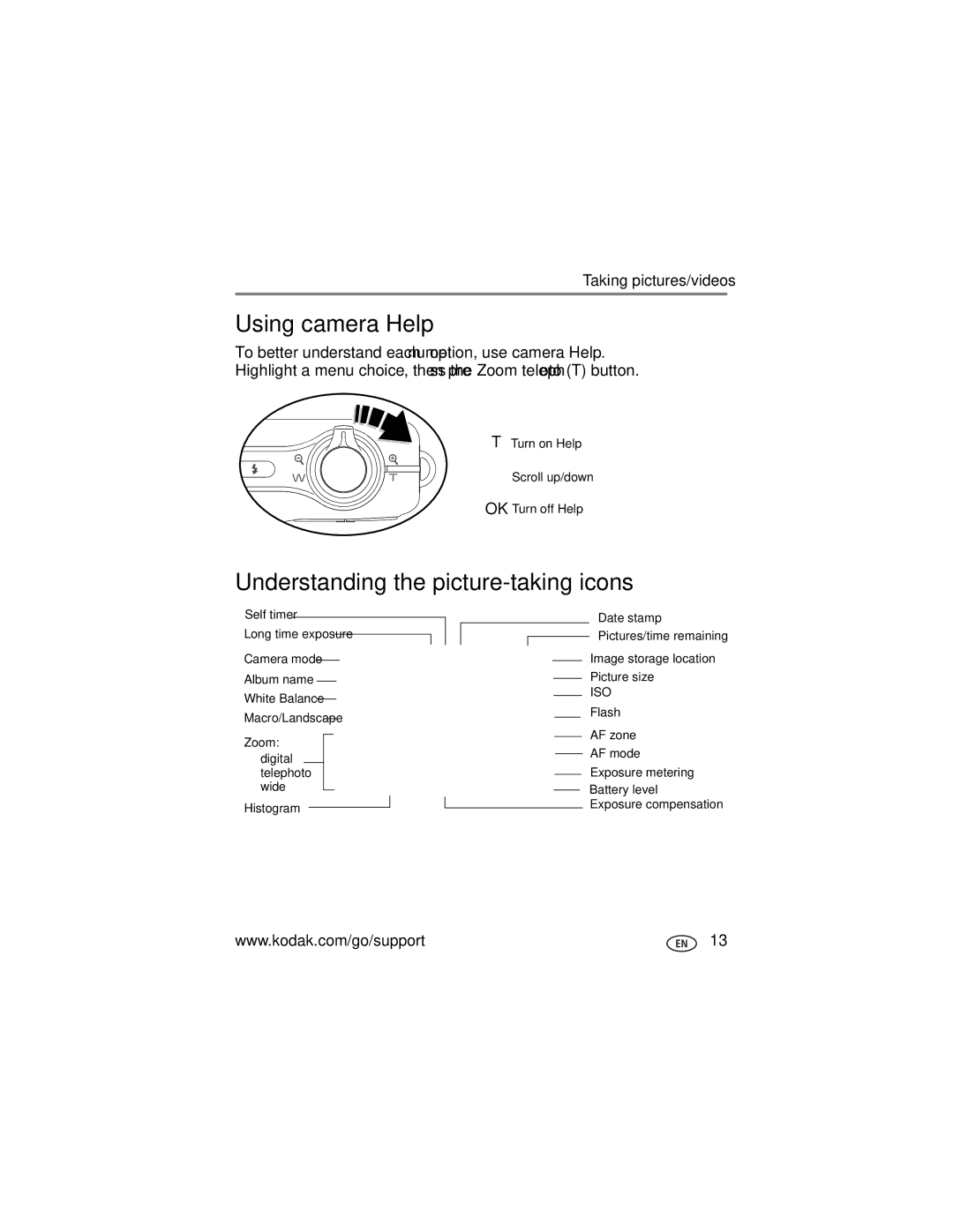 Kodak V1233 manual Using camera Help, Understanding the picture-taking icons 