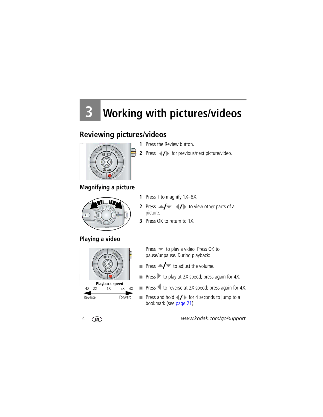 Kodak V1233 manual Reviewing pictures/videos, Magnifying a picture, Playing a video, Press to adjust the volume 
