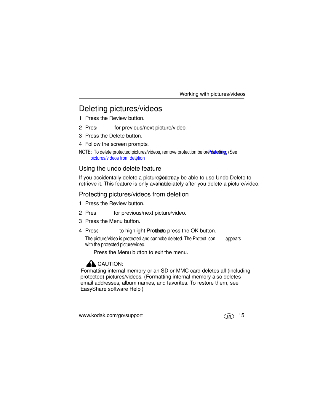 Kodak V1233 manual Deleting pictures/videos, Using the undo delete feature, Protecting pictures/videos from deletion 